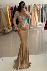 Sweetheart Illusion Long Sleeve Dense 3D Floral Leaf Crystal Peplum Corset Champagne Satin Mermaid Evening Dress Front Slit