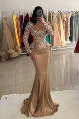Sweetheart Illusion Long Sleeve Dense 3D Floral Leaf Crystal Peplum Corset Champagne Satin Mermaid Evening Dress Front Slit