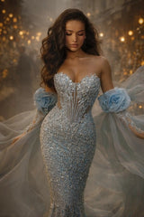 Sweetheart Illusion Visible Boning Corset All-Over Silver Crystal Vine Embroidery Detachable Off-Shoulder Blue Organza Rose Cape Fitted Mermaid Evening Dress