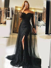 Sweetheart Lace-Appliques Front-Split Newest Long-Sleeve Mermaid Prom Evening Dresses