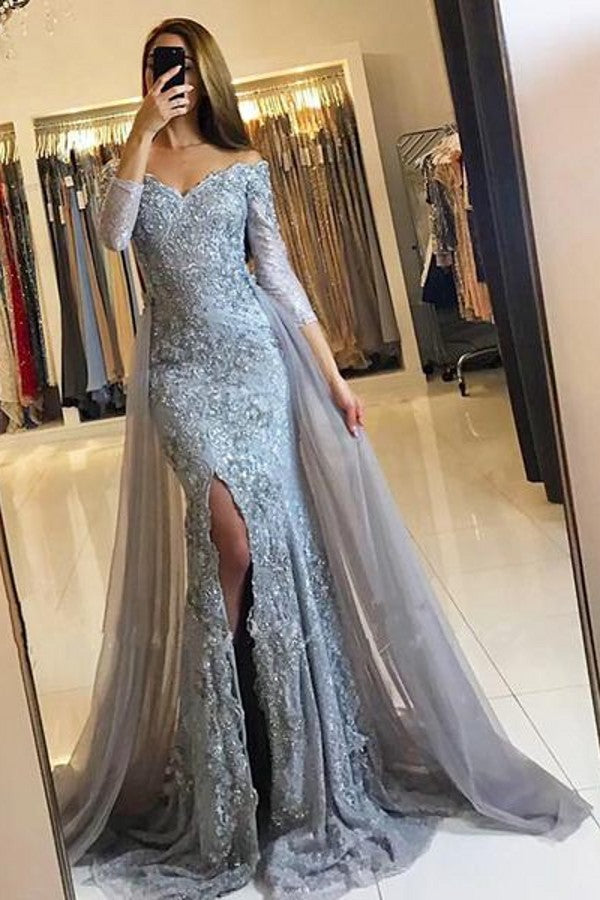 Sweetheart Lace-Appliques Front-Split Newest Long-Sleeve Mermaid Prom Evening Dresses