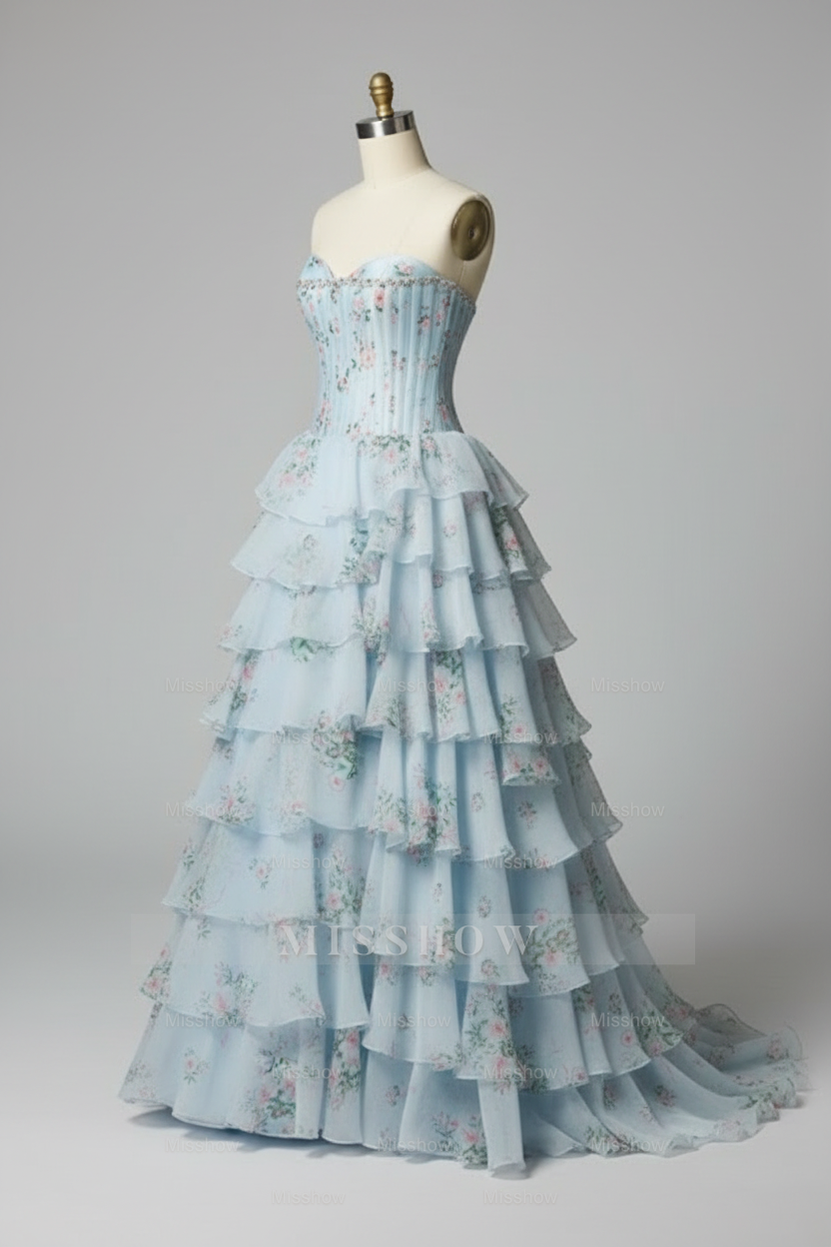 Sweetheart Light Blue Floral Print Tiered Ball Gown with Crystal Beaded Corset