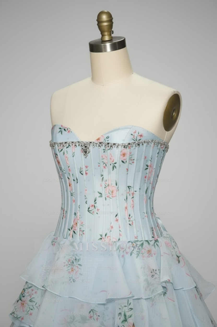 Sweetheart Light Blue Floral Print Tiered Ball Gown with Crystal Beaded Corset