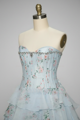 Sweetheart Light Blue Floral Print Tiered Ball Gown with Crystal Beaded Corset