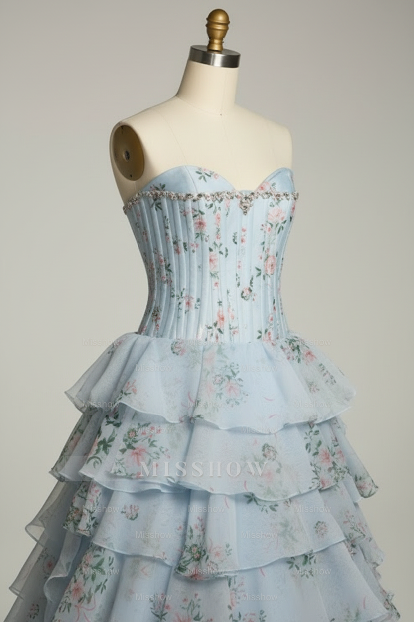 Sweetheart Light Blue Floral Print Tiered Ball Gown with Crystal Beaded Corset