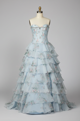Sweetheart Light Blue Floral Print Tiered Ball Gown with Crystal Beaded Corset