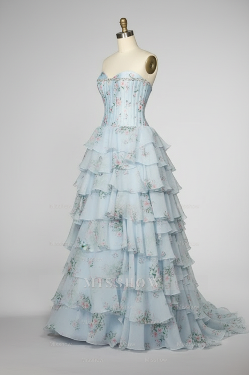 Sweetheart Light Blue Floral Print Tiered Ball Gown with Crystal Beaded Corset