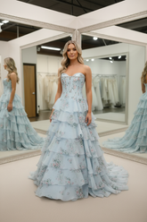 Sweetheart Light Blue Floral Print Tiered Ball Gown with Crystal Beaded Corset