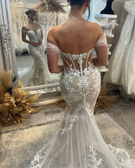 Sweetheart Long Mermaid Off-the-shoulder Glitter Appliques Wedding Dress