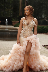 Sweetheart Long Pink Beaded Lace Strapless Pretty Prom Dress with Ruffles