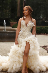 Sweetheart Long Pink Beaded Lace Strapless Pretty Prom Dress with Ruffles