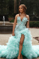 Sweetheart Long Pink Beaded Lace Strapless Pretty Prom Dress with Ruffles
