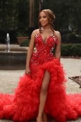 Sweetheart Long Pink Beaded Lace Strapless Pretty Prom Dress with Ruffles