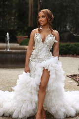 Sweetheart Long Pink Beaded Lace Strapless Pretty Prom Dress with Ruffles