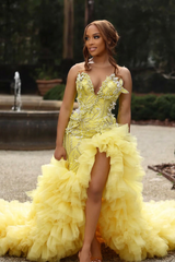 Sweetheart Long Pink Beaded Lace Strapless Pretty Prom Dress with Ruffles