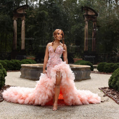 Sweetheart Long Pink Beaded Lace Strapless Pretty Prom Dress with Ruffles