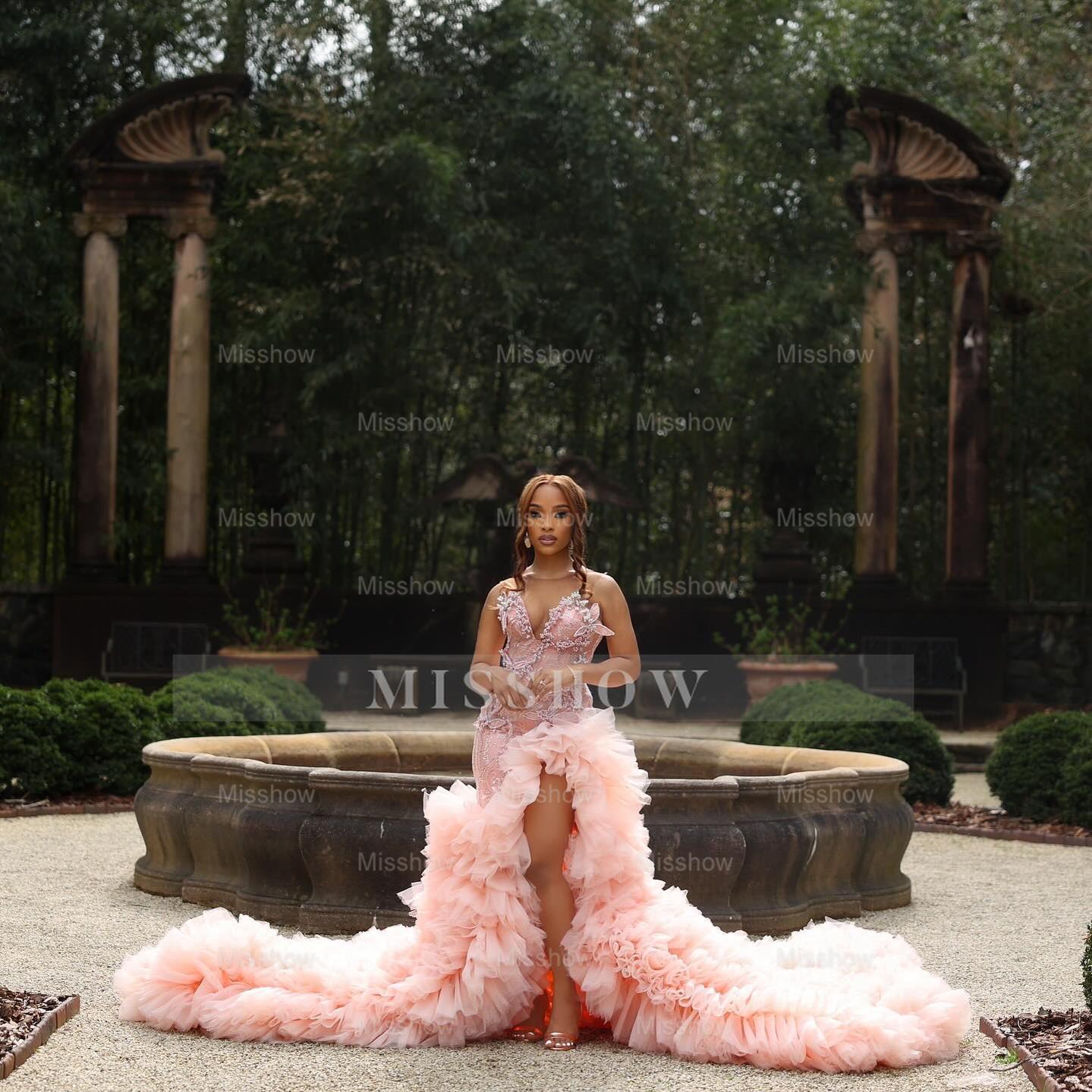 Sweetheart Long Pink Beaded Lace Strapless Pretty Prom Dress with Ruffles