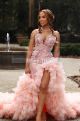 Sweetheart Long Pink Beaded Lace Strapless Pretty Prom Dress with Ruffles
