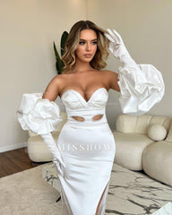 Sweetheart Long White Mermaid Split Front Sexy Prom Dress With Sleeves