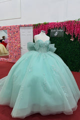Sweetheart Off-the-Shoulder Floral Applique Bow Ball Gown Quinceanera Dress with Train