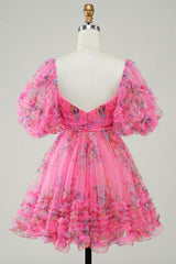 A-Line Sweetheart Puff Sleeves Fuchsia Floral Short Homecoming Dress with Ruffles