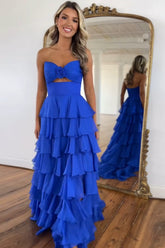 Sweetheart Royal Blue Chiffon Long Prom Dress with Slit in A-Line Tiered Design