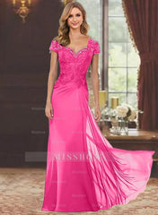 Sweetheart Short-Sleeve Floor-Length Sheath Mother of the Bride Dress with Lace Appliques & Sequins