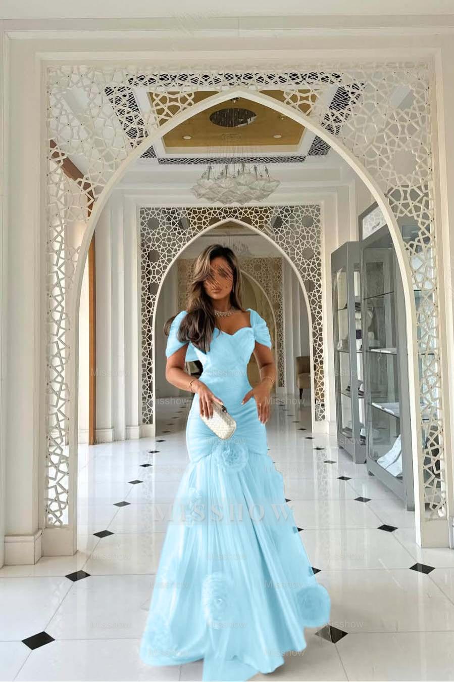 Sweetheart Short Sleeves Long Mermaid Formal Dress With Pleated