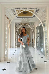 Sweetheart Short Sleeves Long Mermaid Formal Dress With Pleated