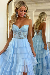 Sweetheart Sleeveless Applique Tiered Ruffle Chiffon A-Line Prom Dress Side Slit Lace-Up Back Floor Length