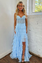 Sweetheart Sleeveless Applique Tiered Ruffle Chiffon A-Line Prom Dress Side Slit Lace-Up Back Floor Length