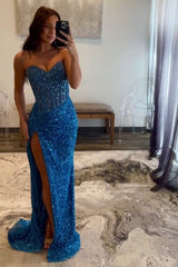 Sweetheart Sleeveless Beading Sequin Bodycon Mermaid Prom Dress Side Slit Sweep Train Floor Length