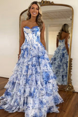 Sweetheart Sleeveless Floral Tiered Ruffle Chiffon A-Line Prom Dress Side Slit Floor Length