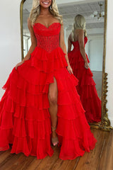 Sweetheart Sleeveless Lace Tiered Ruffle Chiffon A-Line Prom Dress Floor Length