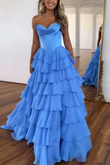 Sweetheart Sleeveless Tiered Ruffle Chiffon A-Line Prom Dress Side Slit Lace-Up Back Floor Length