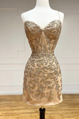 Sweetheart Spaghetti Straps Floral Beaded Lace Applique Criss-Cross Lace-Up Open Back Bodycon Homecoming Dress Mini