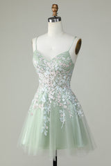Sweetheart Spaghetti Straps Iridescent Floral Lace Applique Tulle Corset Lace-Up Open Back Flared A-Line Short Homecoming Dress