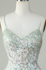 Sweetheart Spaghetti Straps Iridescent Floral Lace Applique Tulle Corset Lace-Up Open Back Flared A-Line Short Homecoming Dress