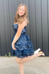 Navy sweetheart applique A-line homecoming dress