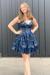 Navy sweetheart applique A-line homecoming dress