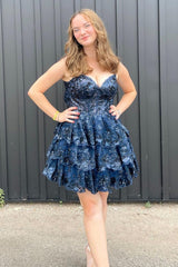 Navy sweetheart applique A-line homecoming dress