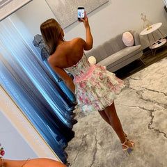 Sweetheart Strapless 3D Floral Corset Homecoming Dress Tiered Ruffle Chiffon Mini Open Back