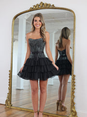 Sweetheart Strapless Full Rhinestone Boned Corset Satin Bow Three-Tier Ruffle Chiffon A-Line Homecoming Dress Mini