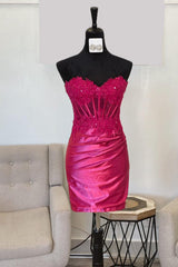Sweetheart Strapless Lace Appliqué Rhinestone Beaded Sheer Corset Boning Ruched Satin Bodycon Homecoming Dress Mini