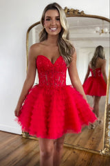 Sweetheart Strapless Lace Appliques Illusion Boned Corset Multi-Tier Ruffle Tulle Lace-Up Back A-Line Homecoming Dress Mini