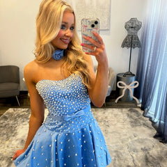 Sweetheart Strapless Pearl Beading Boned Corset Satin Bow Waist A-Line Homecoming Dress Mini