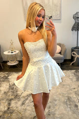 Sweetheart Strapless Pearl Beading Boned Corset Satin Bow Waist A-Line Homecoming Dress Mini
