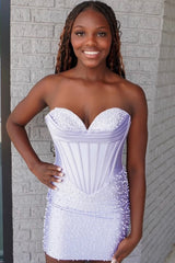 Sweetheart Strapless Pearl Rhinestone Bustier Boned Corset Pearl Scatter Bodycon Homecoming Dress Mini