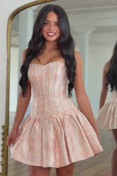 Sweetheart Strapless Pearl Trim Boned Corset Jacquard Homecoming Dress Bow Puff Ball Mini