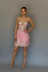 Sweetheart Strapless Sleeveless Floral Applique Satin Column Mini Cocktail Dress